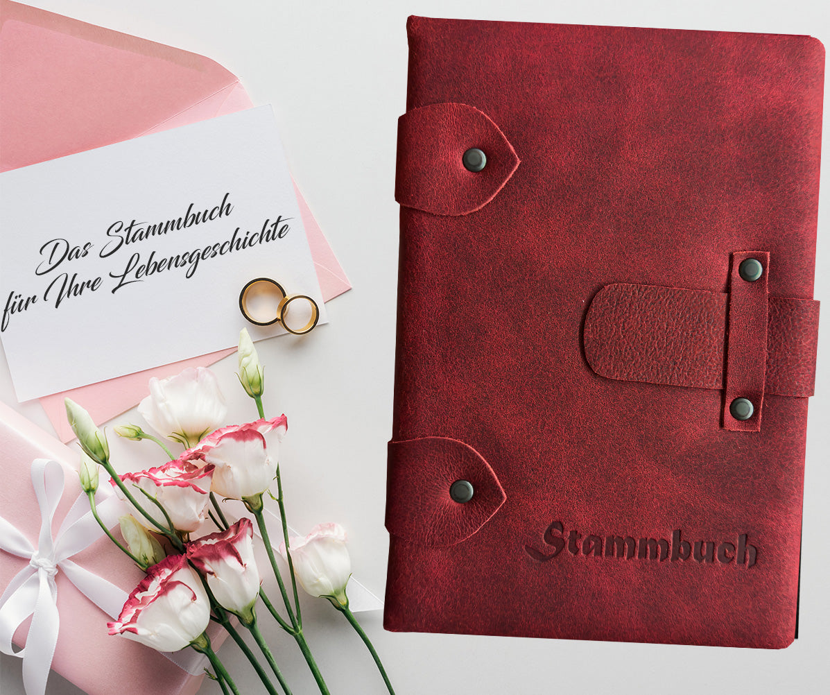 Premium Stammbuch Adell aus hochwertigem Pferdeleder in dunkelrot mit Blinkprägung, mit zusätzlichen Informationen und das Familienstammbuch von Vorne