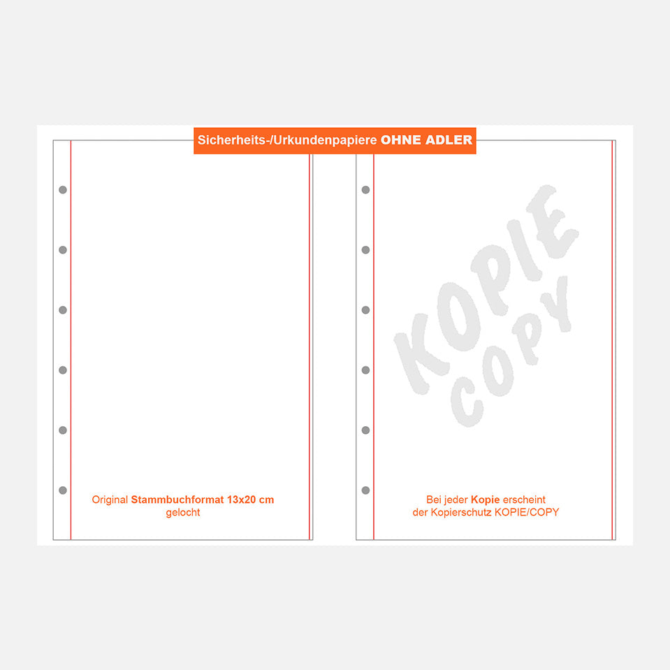 Sicherheitspapier-/Urkundenpapier ohne Adler | 130 x 200 mm | roter Rand | 6-fach-Lochung