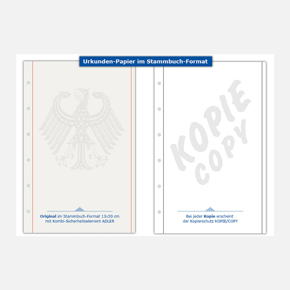 Sicherheitspapier-/Urkundenpapier mit Adler | 130 x 200 mm | 6-fach-lochung | roter Rand