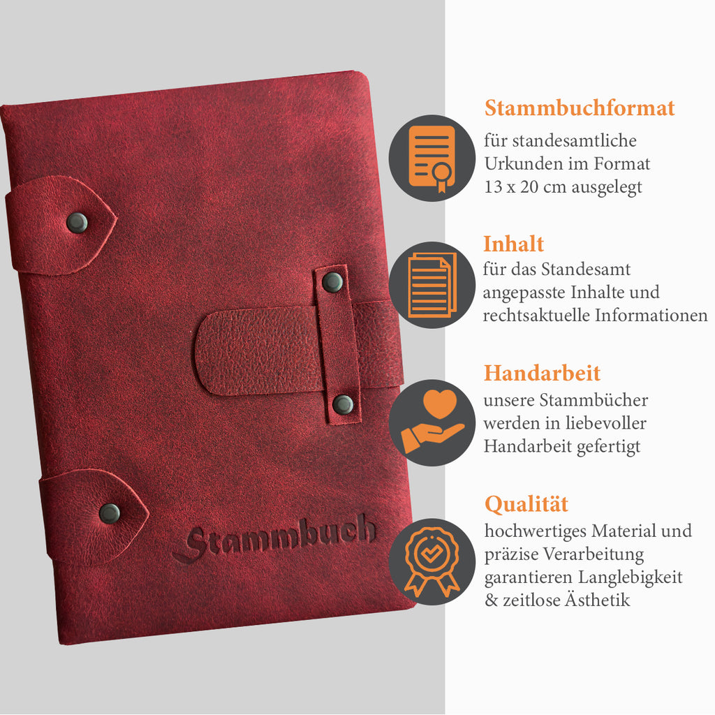 Premium Stammbuch Adell aus hochwertigem Pferdeleder in dunkelrot mit Blinkprägung - umfangreiche Informationen zu dem Familienstammbuch