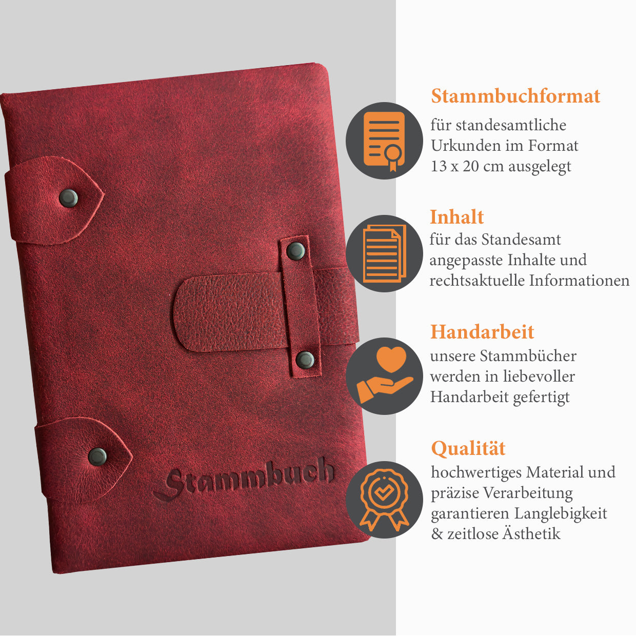 Premium Stammbuch Adell aus hochwertigem Pferdeleder in dunkelrot mit Blinkprägung - umfangreiche Informationen zu dem Familienstammbuch