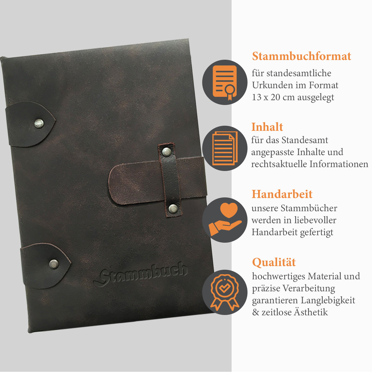 Edles Premium Stammbuch Albrecht aus dunkelbraunem Pferdeleder mit Blinkprägung, mit ausführlichen Informationen zu dem Familienstammbuch