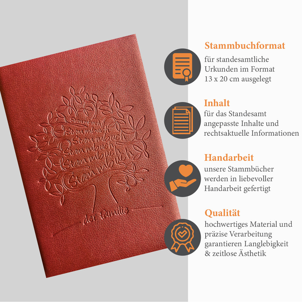 Biologisch abbaubares Stammbuch Greta aus veganem Apfelleder in Dunkelrot, mit geprägtem Baum-Motiv, mit zusätzlichen Informationen zu dem Familienstammbuch