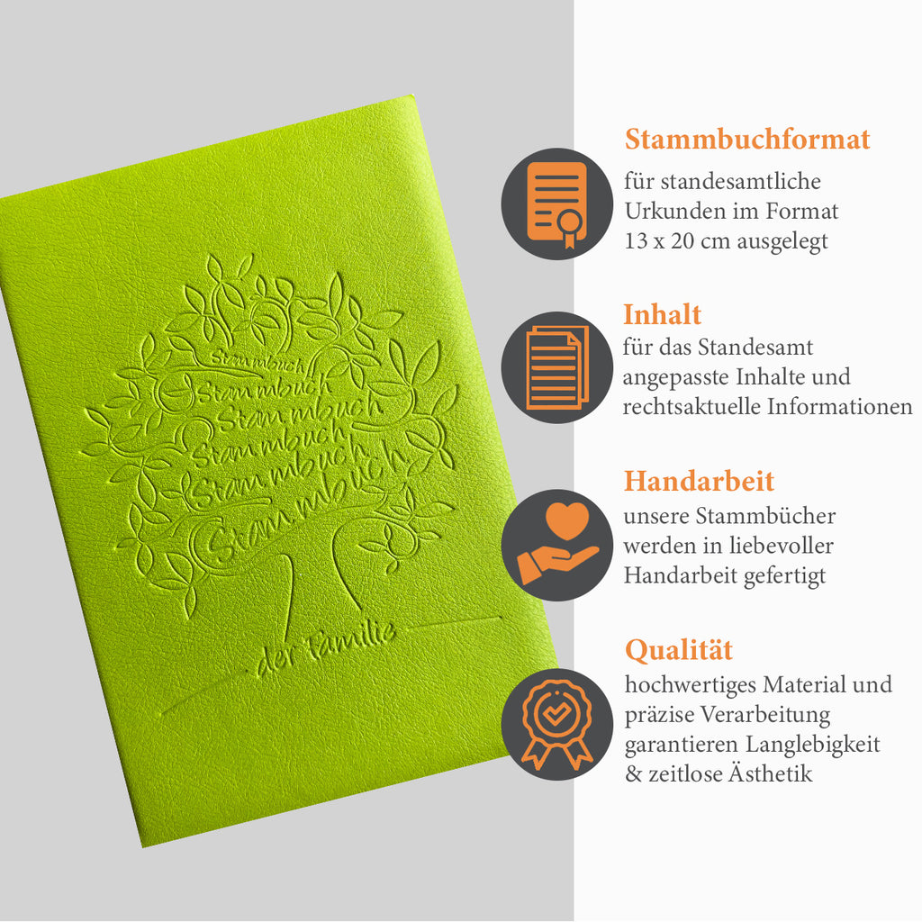 Nachhaltiges Stammbuch Mailo aus biologisch abbaubarem, apfelgrünem Apfelleder mit geprägtem Baum-Motiv und ressourcenschonender, farbloser Blinkprägung, mit zusätzlichen Informationen zu dem Familienstammbuch