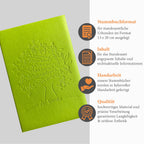 Nachhaltiges Stammbuch Mailo aus biologisch abbaubarem, apfelgrünem Apfelleder mit geprägtem Baum-Motiv und ressourcenschonender, farbloser Blinkprägung, mit zusätzlichen Informationen zu dem Familienstammbuch