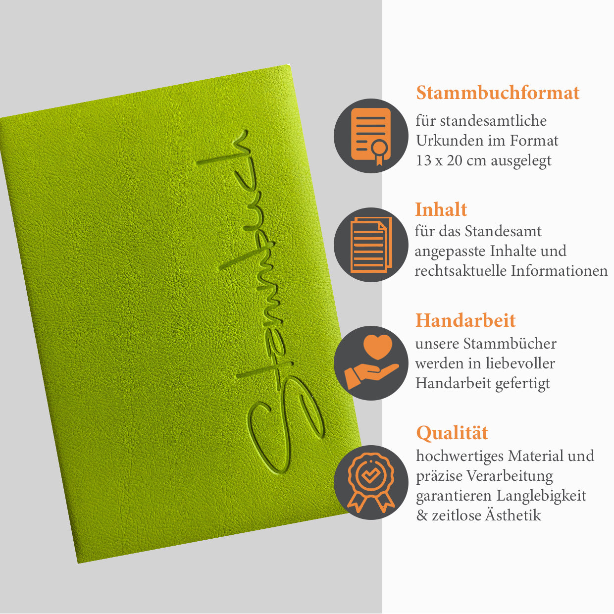 Umweltfreundliches Stammbuch Mailo in frischem Apfelgrün, gefertigt aus veganem Apfelleder mit dezenter Stammbuch-Prägung. Bild mit zusätzlichen Informationen zu dem Familienstammbuch