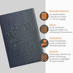 Nachhaltiges Stammbuch Otfried aus biologisch abbaubarem Apfelleder in Dunkelblau, mit geprägtem Baum-Motiv und ressourcenschonender Blinkprägung, mit zusätzlichen Informationen