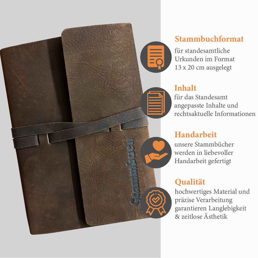 Premium Stammbuch Mark aus hochwertigem Pferdeleder in edler Antik-Optik und zusätzliche Information zu dem Familienstammbuch