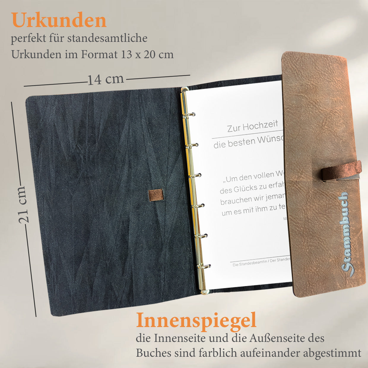 Die Innenansicht von dem Premium Stammbuch Mark aus hochwertigem Pferdeleder in edler Antik-Optik 